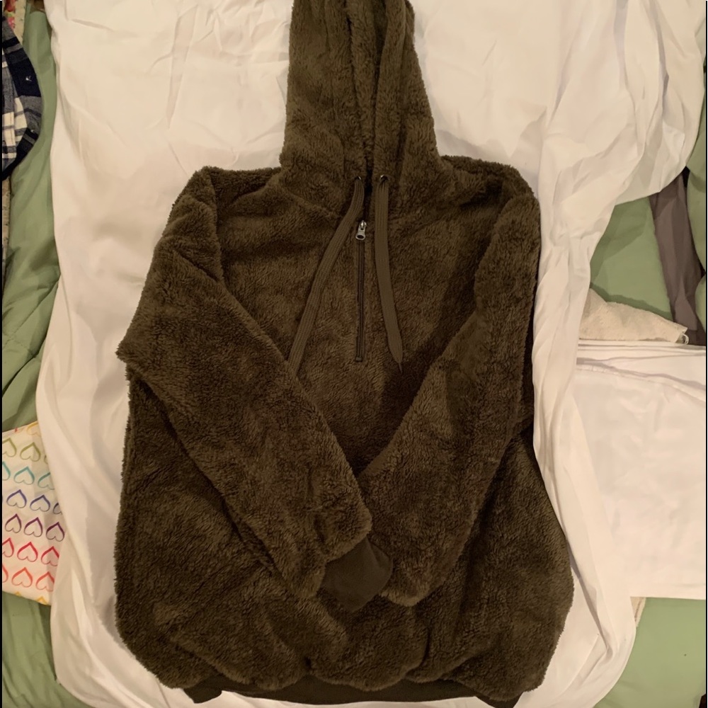 green fuzzy quarter zip sweater